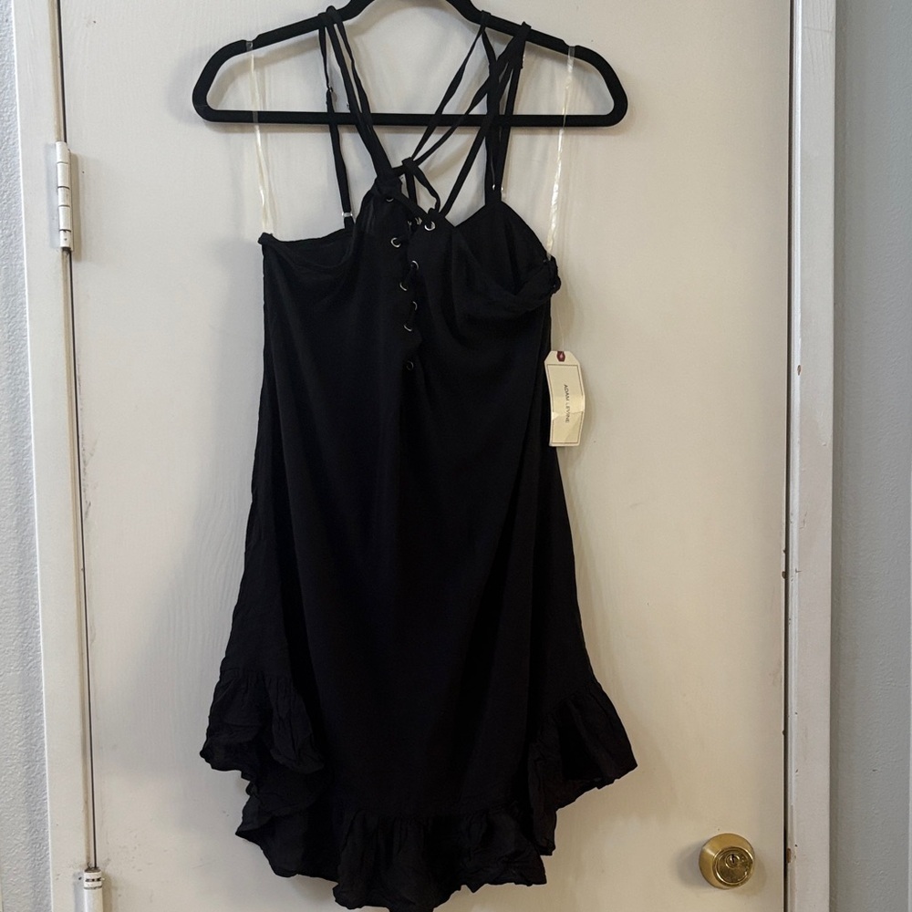 Adam Levine Black Strappy Ruffle-Hem Mini Dress